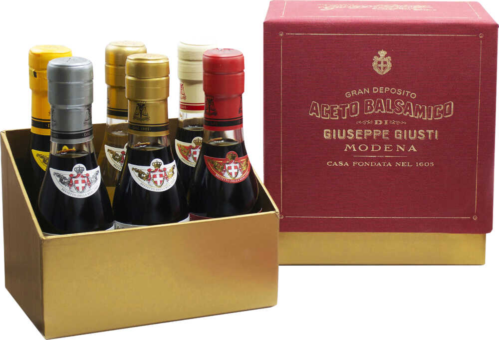 Giuseppe Giusti Degustationskit Historische Kollektion 6X0,1L 5X0,1L Aceto Balsamico+1X0,1L  Bianco NV  0.5 L Flasche