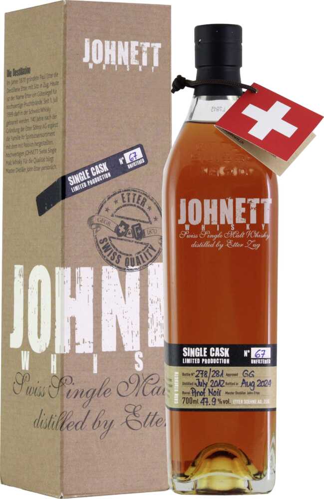 Etter Söhne AG Distillerie Zug Johnett Single Cask No 67 47,9%Swiss Single Malt Whisky A002  0.7 L Flasche
